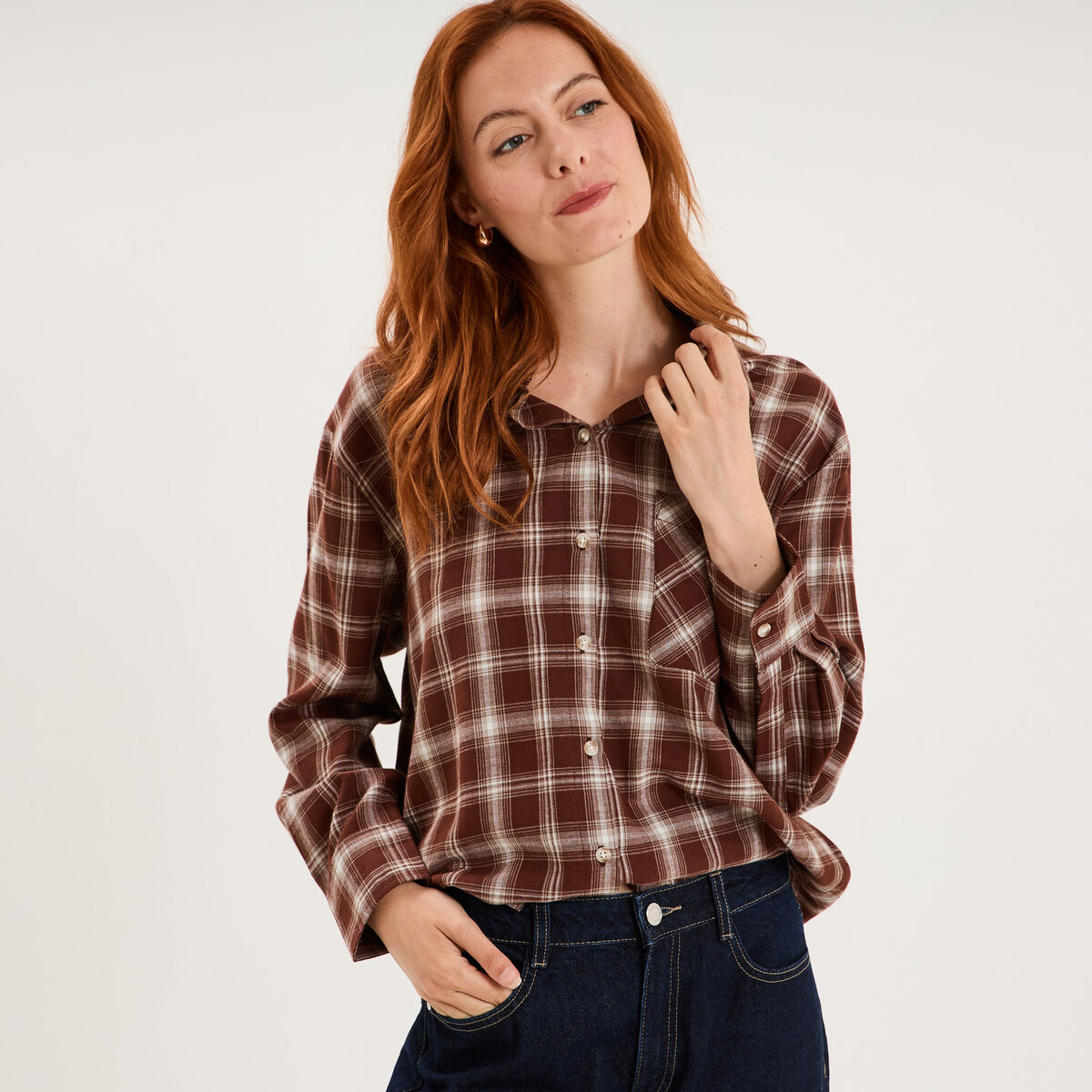 Chemise manches longues coton marron femme