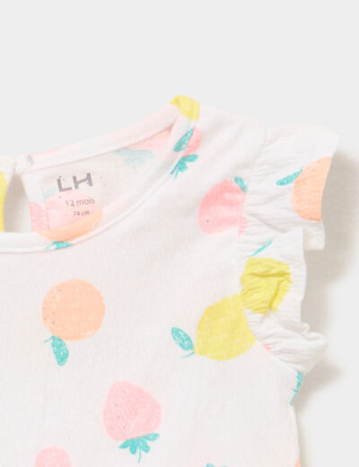 T-shirt relief&eacute; manches volants coton blanc b&eacute;b&eacute; fille