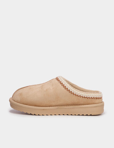 Mules fourr&eacute;es d&eacute;tails brod&eacute;s sable femme