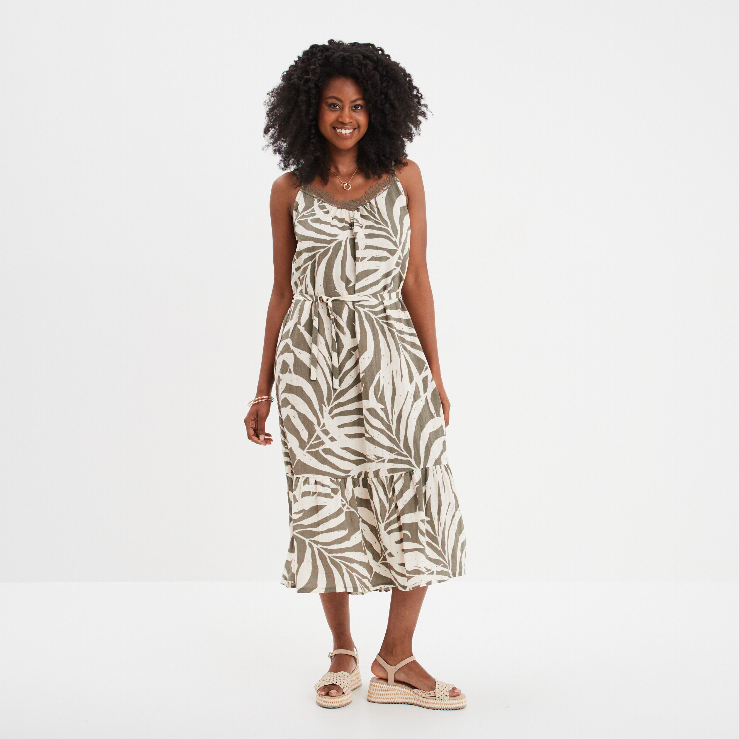Robe évasée col avec dentelle vert kaki femme LH