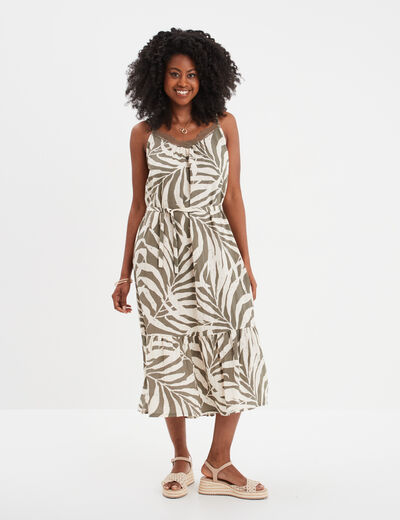 Robe évasée col avec dentelle vert kaki femme