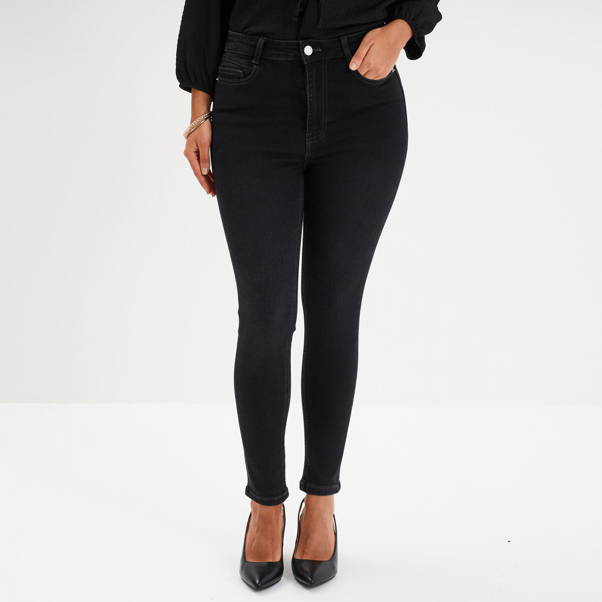 Jeans skinny taille haute cropped denim noir femme