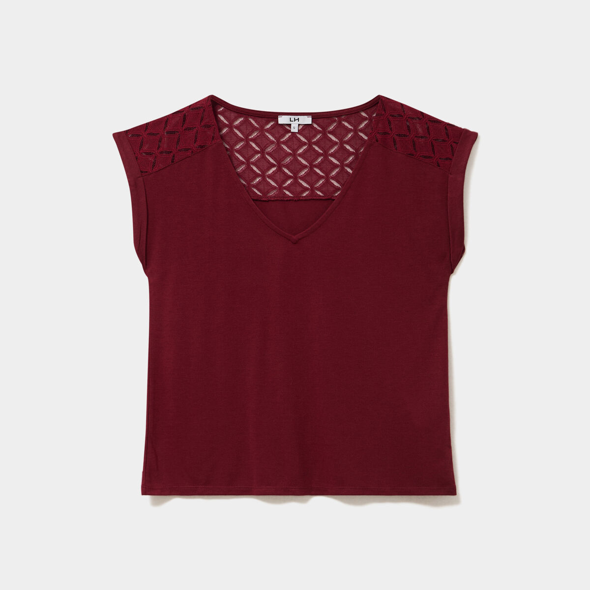 T-shirt col en V ajour&eacute; &eacute;paules et dos bordeaux femme