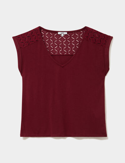 T-shirt col en V ajour&eacute; &eacute;paules et dos bordeaux femme