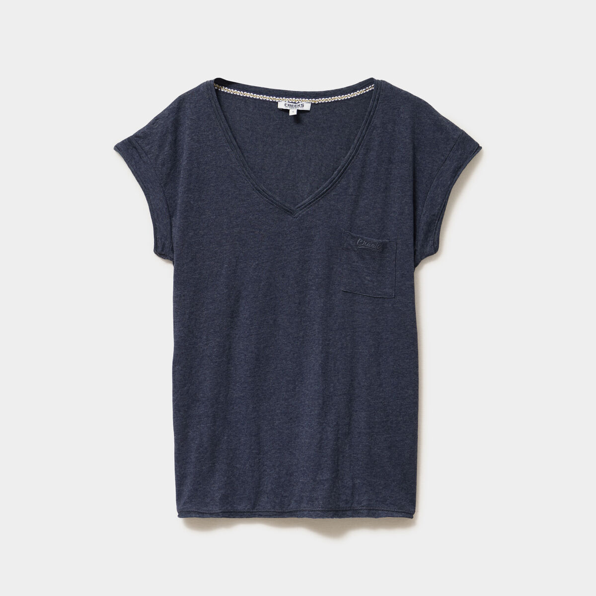 T-shirt col v poche poitrine bleu marine femme