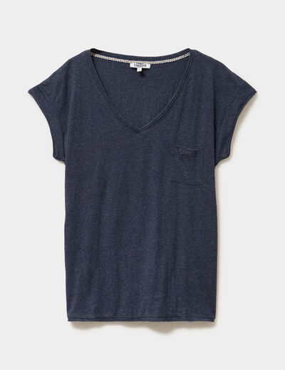 T-shirt col v poche poitrine bleu marine femme