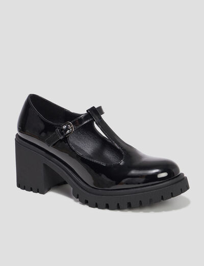 Mocassins vernis crant&eacute;s &agrave; talon noir femme