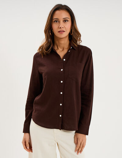Chemise lin m&eacute;lang&eacute; manches longues marron fonc&eacute; femme