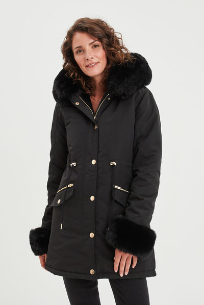 Parka fourrure capuche et poignets noir femme