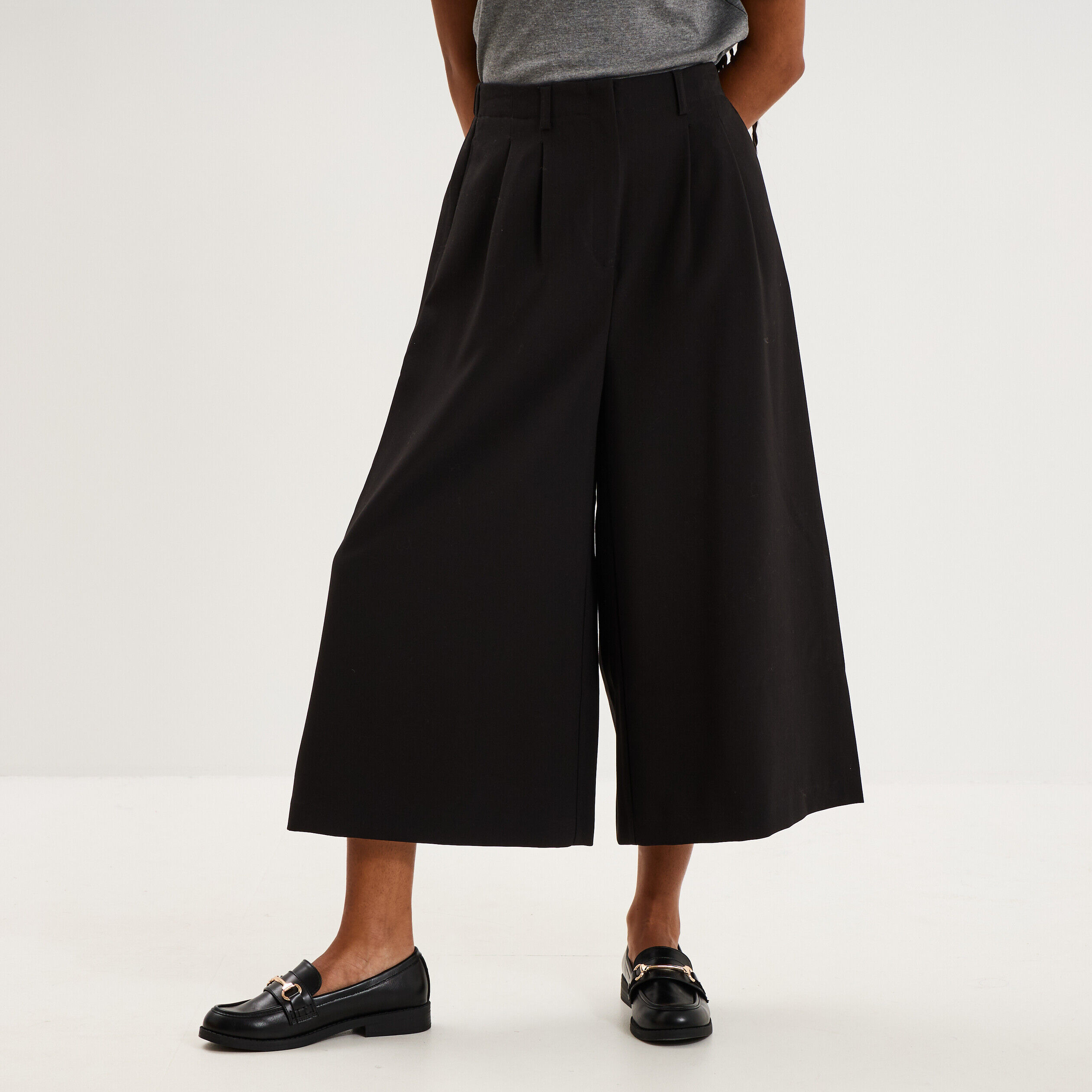 Pantalon culotte large taille haute noir femme