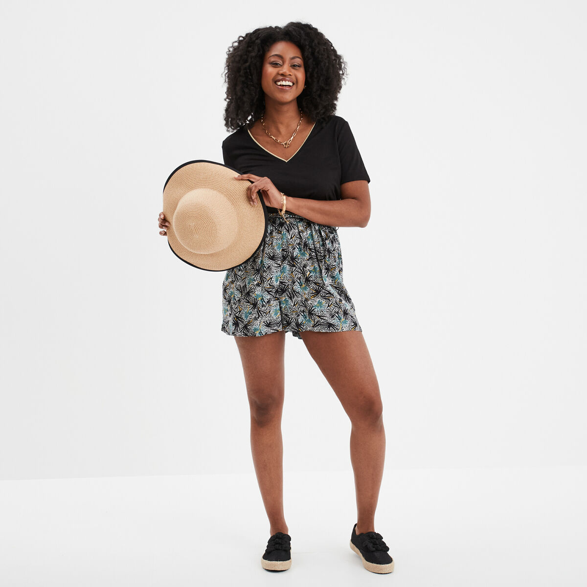 T-shirt col en V manches courtes noir femme