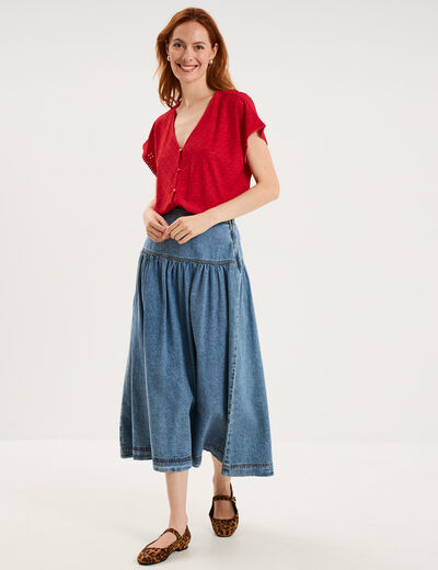 T-shirt dentelle avec boutons rouge femme