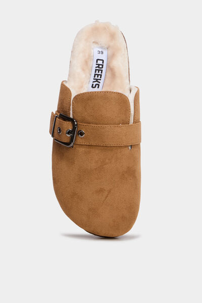 Mules fourr&eacute;es avec boucles marron femme