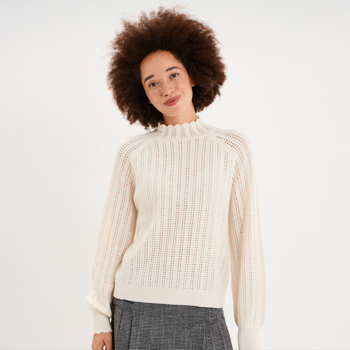 Pull col montant textur&eacute; manches longues blanc femme