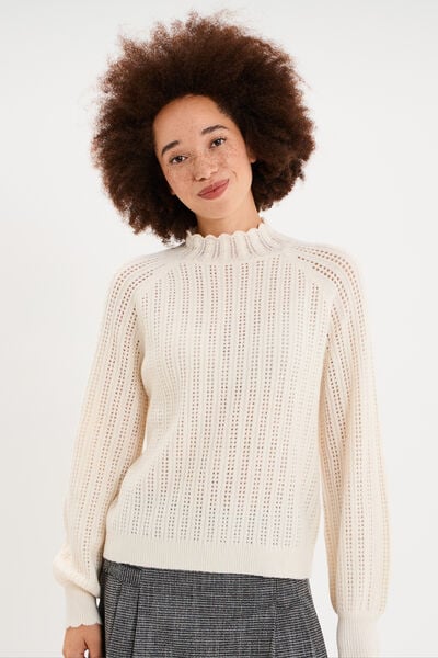 Pull col montant textur&eacute; manches longues blanc femme