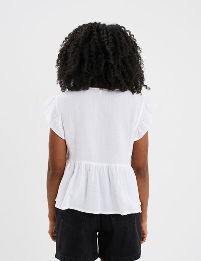Blouse manches volants col en V coton blanc femme