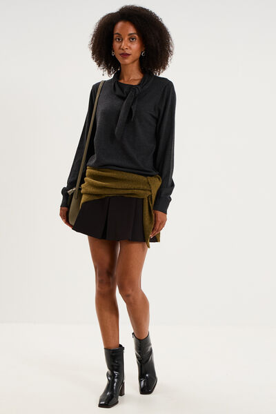 Pull fin col &eacute;charpe manches longues gris fonc&eacute; femme