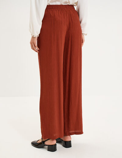 Pantalon effet cr&ecirc;pe taille &eacute;lastiqu&eacute;e marron femme