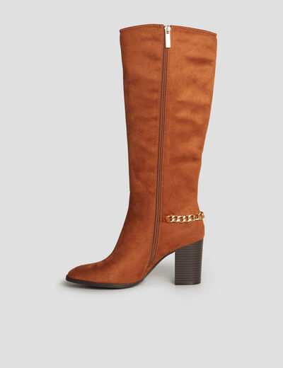 Bottes hautes détails chaînes à talons marron cognac femme