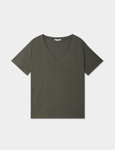 T-shirt manches courtes col en V coton vert kaki femme