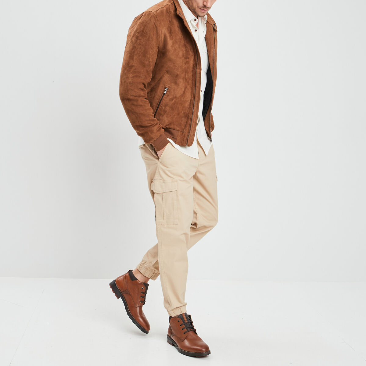 Blouson col motard en su&eacute;dine zipp&eacute; camel homme