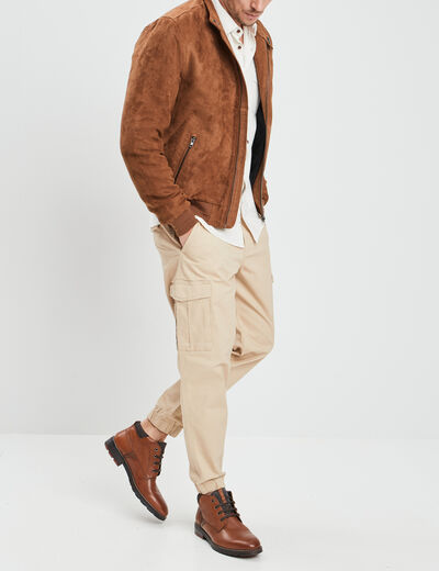 Blouson col motard en su&eacute;dine zipp&eacute; camel homme