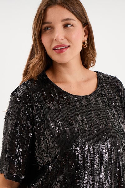 T-shirt sequins manches courtes loose noir femme grande taille