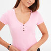 T-shirt court effet côtelé col en V rose femme