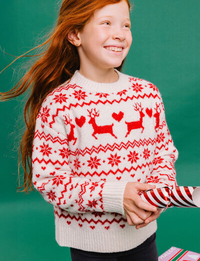 Pull de No&euml;l manches longues ecru fille