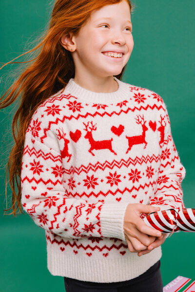 Pull de No&euml;l manches longues ecru fille