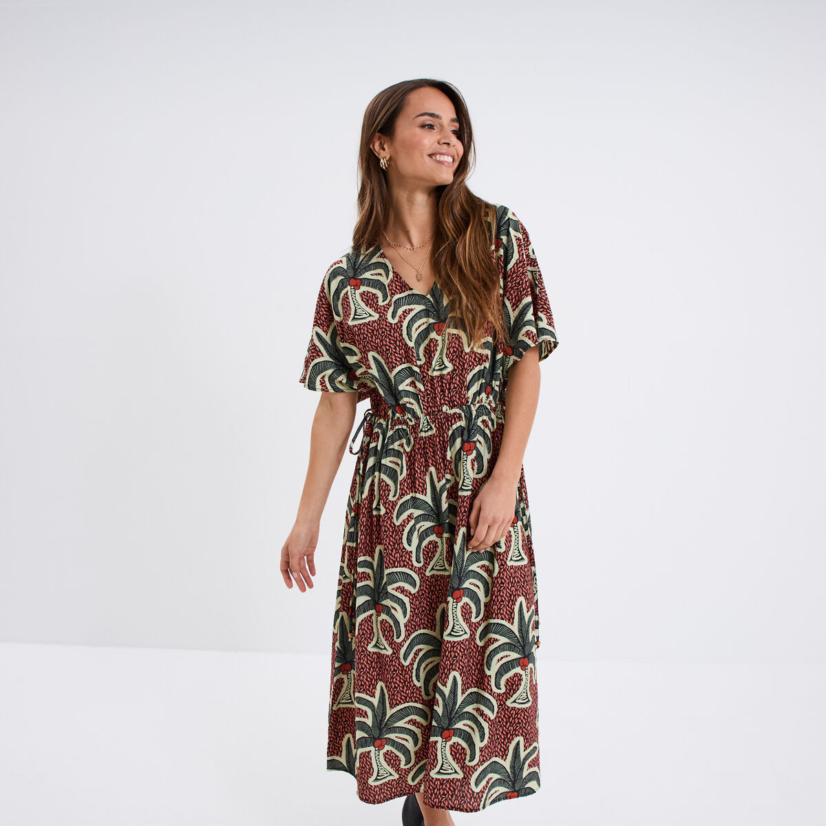Robe longue cordons nou&eacute;s taille bordeaux femme