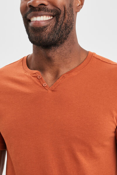 T-shirt manches courtes col tunisien orange foncé homme