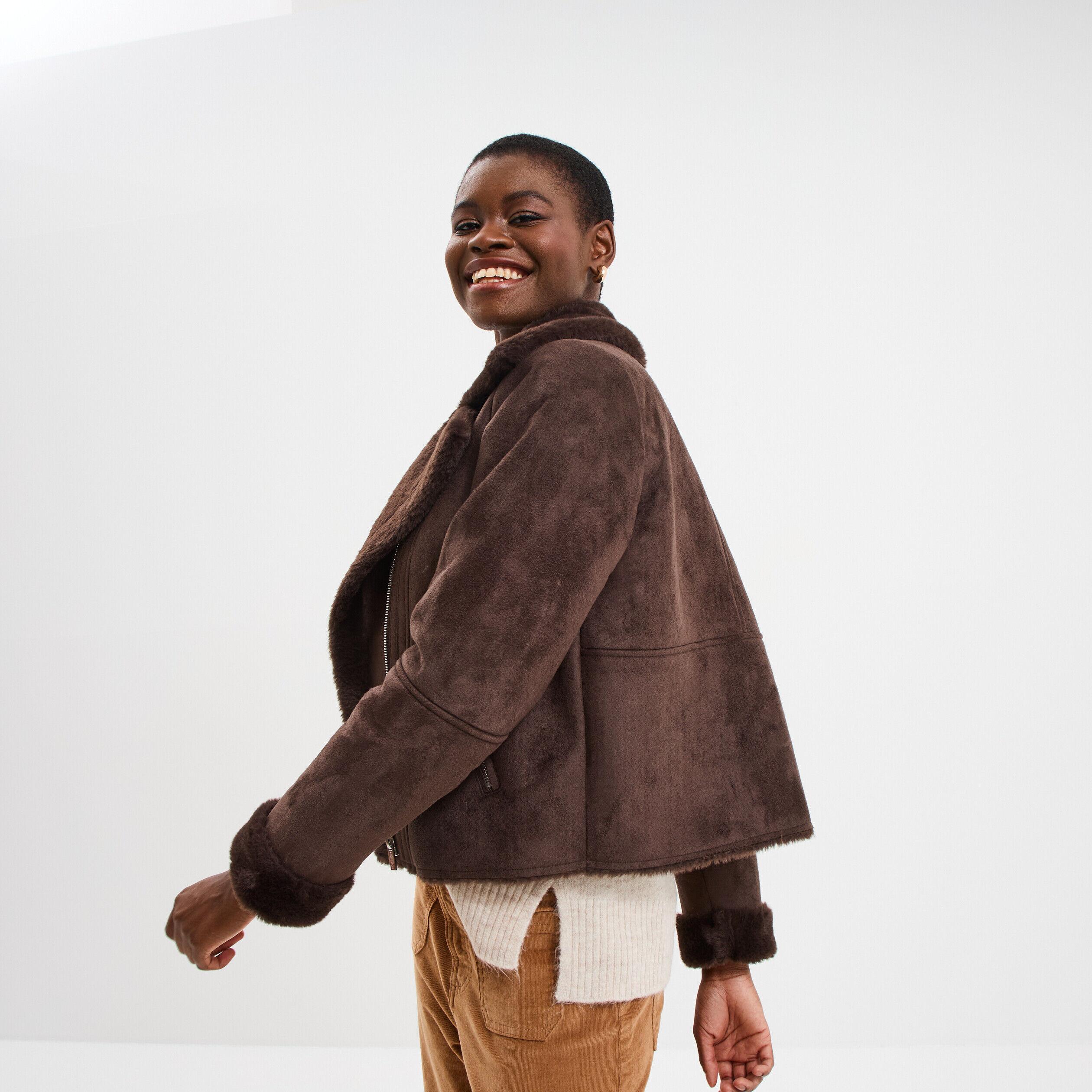 Veste col aviateur zippée doublée marron foncé femme CREEKS