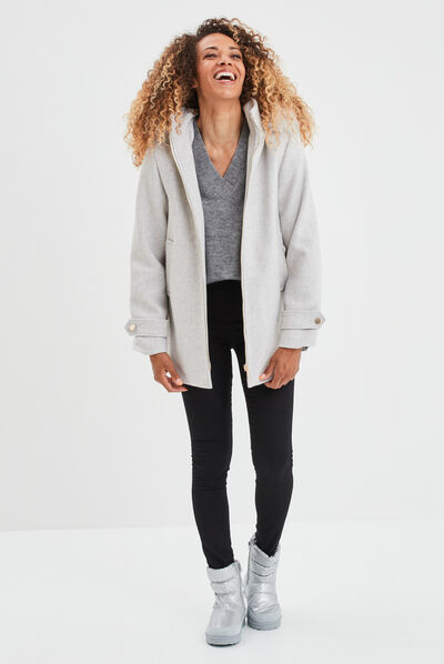 Manteau zippé à capuche fausse fourrure gris clair femme
