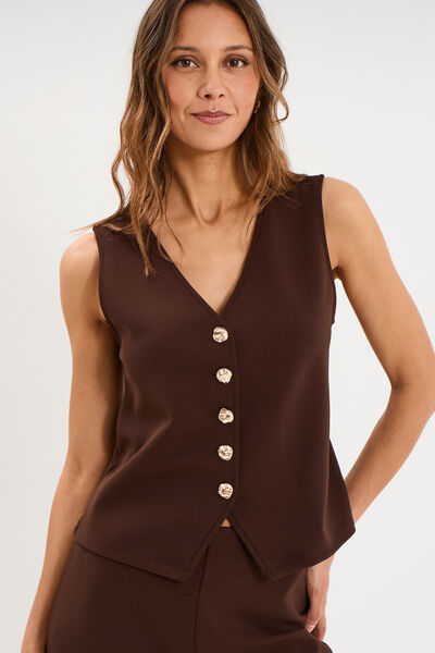 Gilet sans manches ajust&eacute; col en V marron fonc&eacute; femme