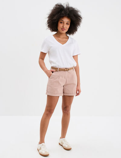 Short chino ceinture tressée rose poudrée femme