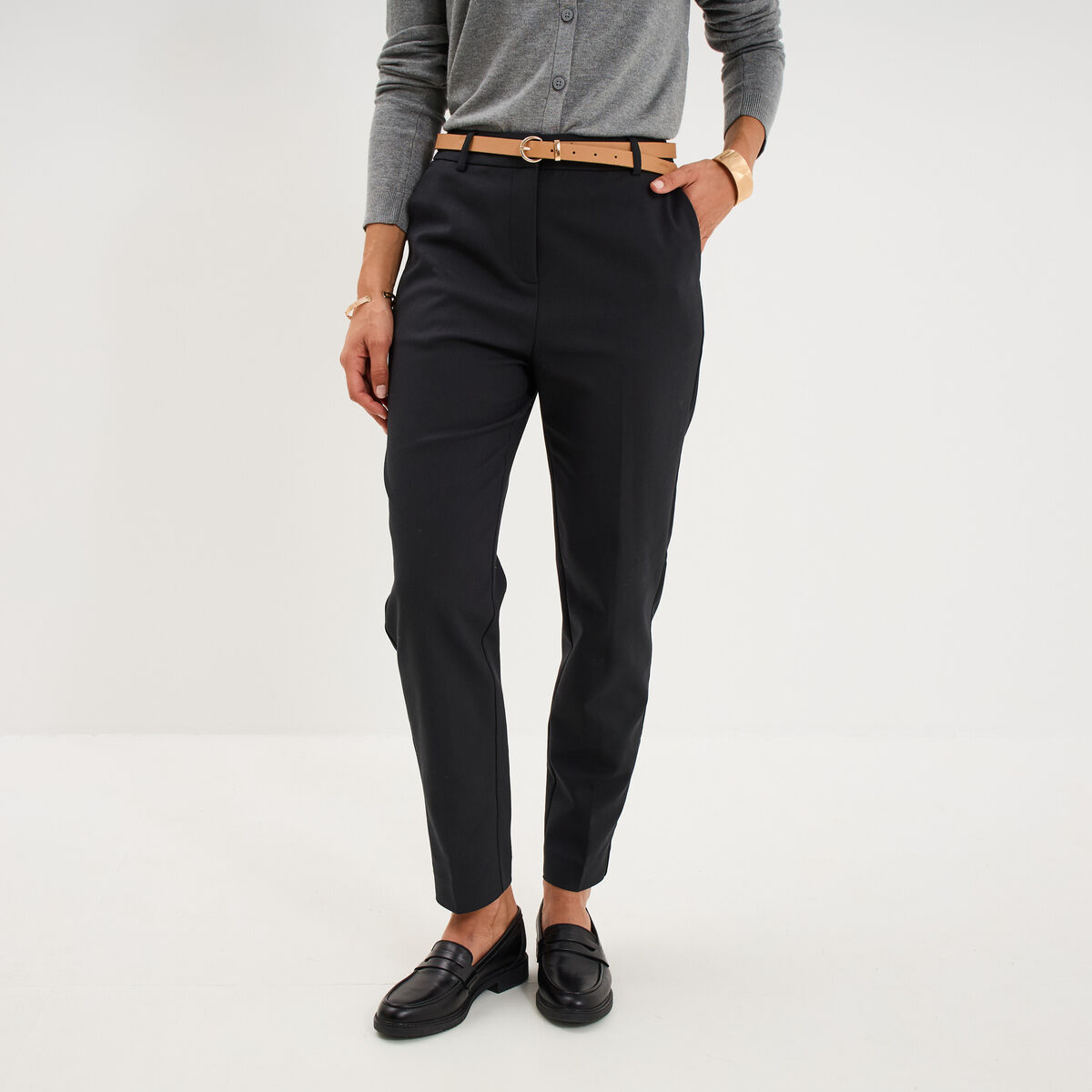 Pantalon chino ceinture amovible noir femme