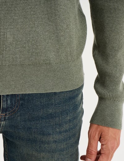 Pull en maille textur&eacute;e col rond vert kaki homme