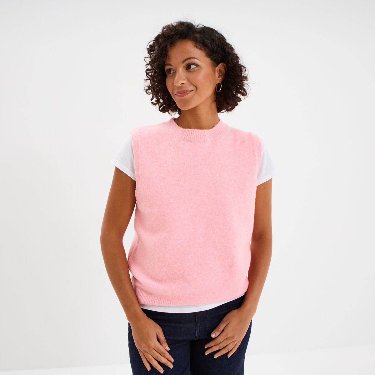 Pull sans manches col rond rose clair femme