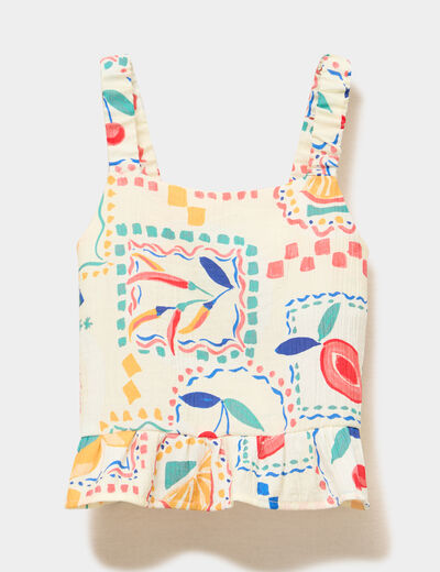 Blouse &agrave; larges bretelles et volants beige fille