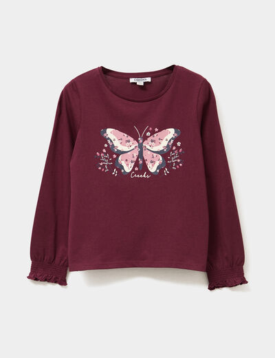 T-shirt smocké manches longues coton bordeaux fille