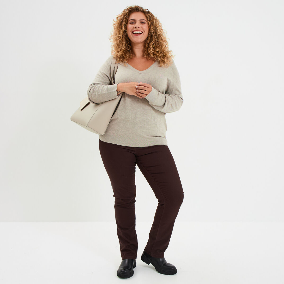 Pantalon straight taille haute Modavista marron foncé femme grande taille