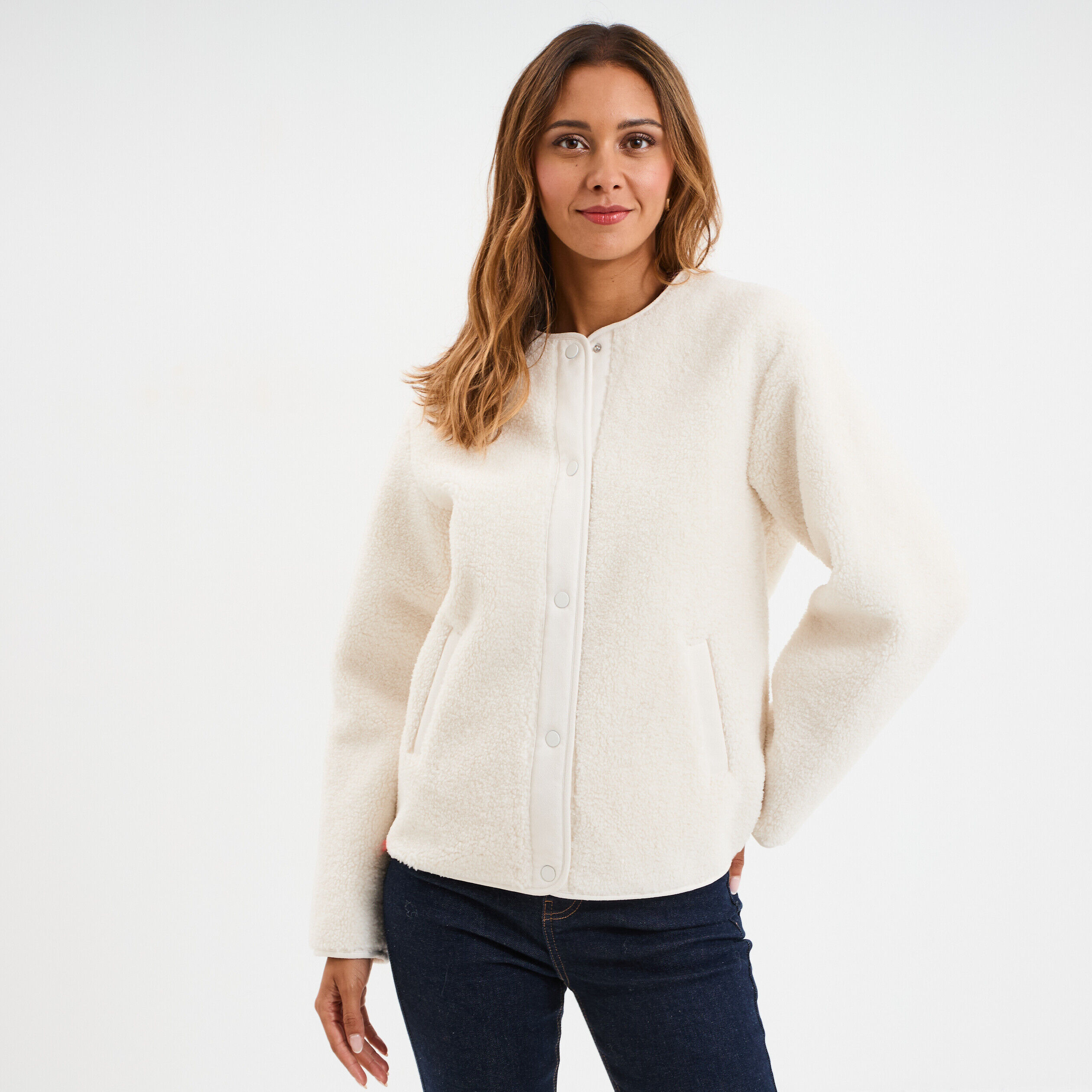 Veste effet polaire boutonnée col rond ecru femme CREEKS