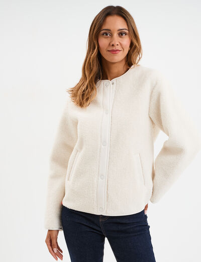 Veste effet polaire boutonn&eacute;e col rond ecru femme