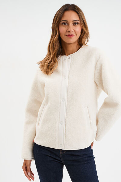 Veste effet polaire boutonn&eacute;e col rond ecru femme