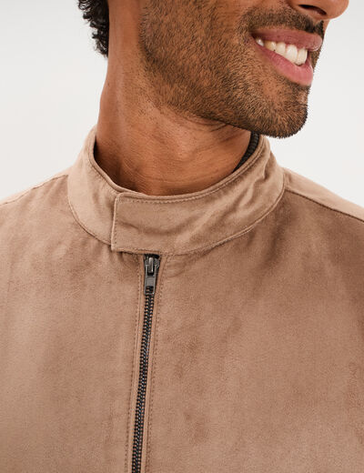Blouson col biker en su&eacute;dine zipp&eacute; taupe homme