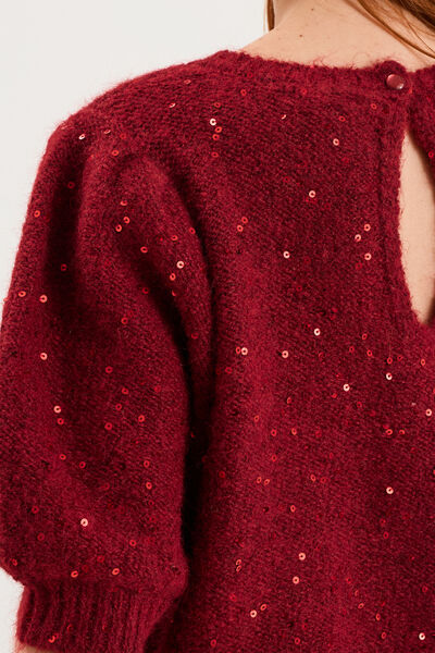 Pull sequins et manches courtes ballons rouge femme
