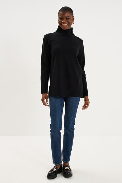 Pull col montant &agrave; boutons noir femme