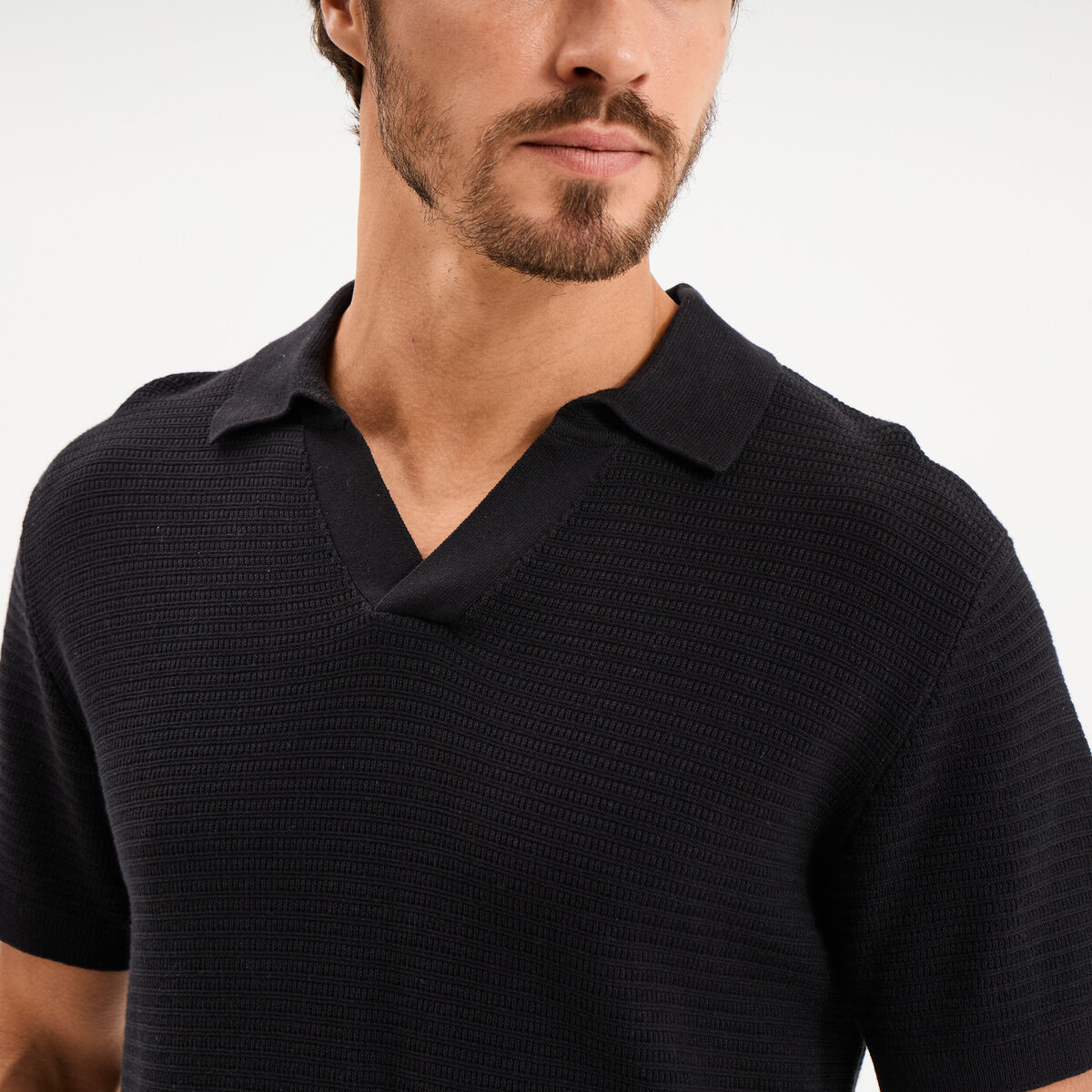 Polo manches courtes textur&eacute; coton noir homme