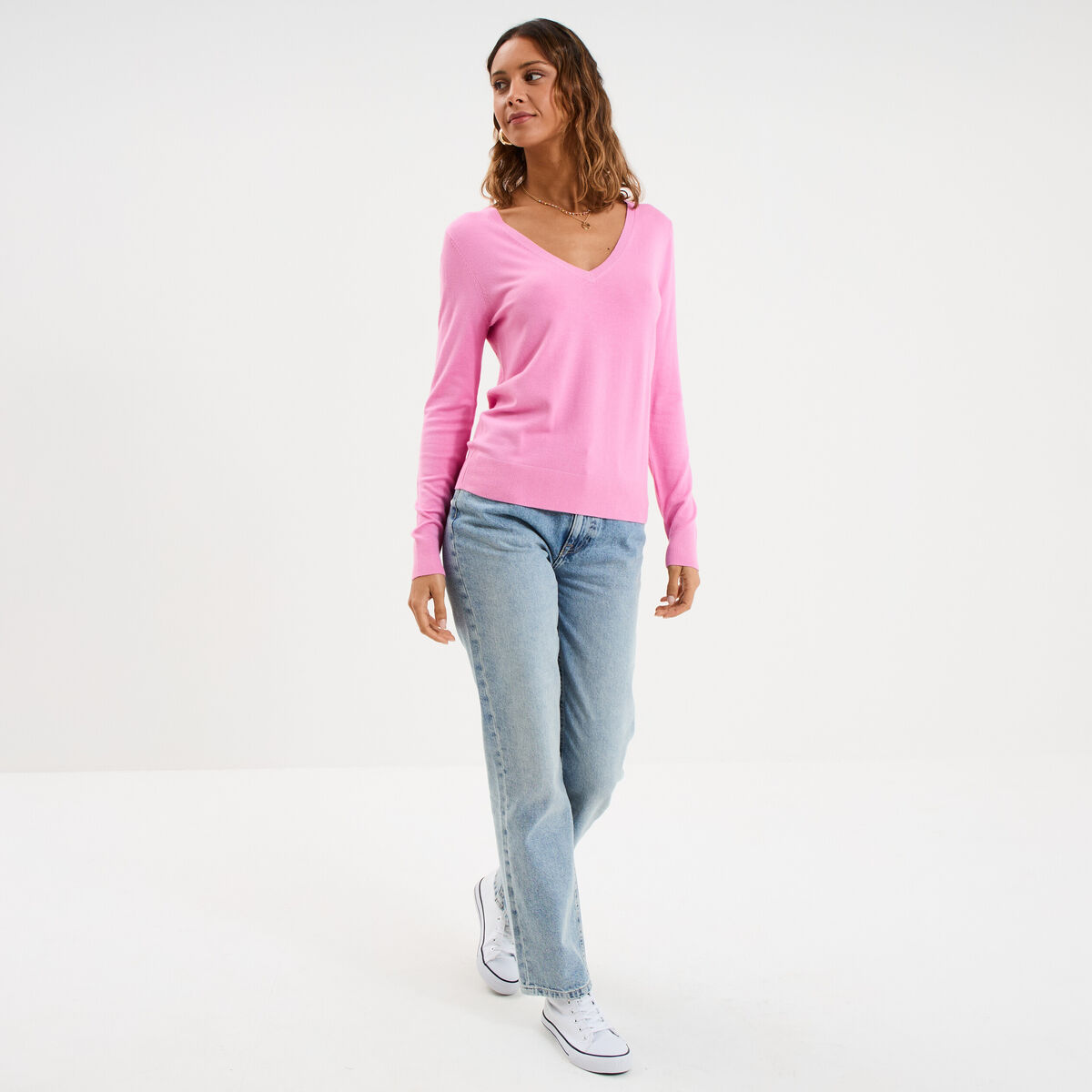 Pull col en V manches longues rose femme